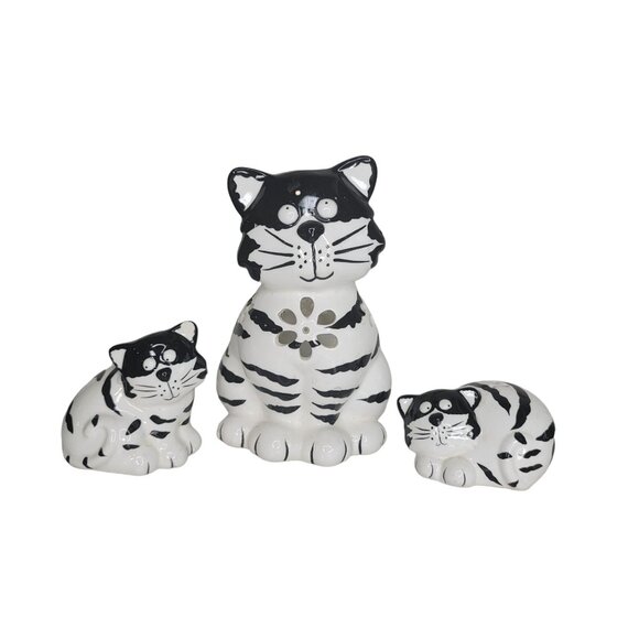 Set Of 3 Hand-Painted Ceramic Black & White Cat salt and pepper shaker/ caddy - Picture 7 of 7